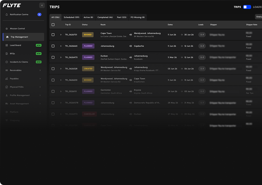 FLYTE transport management platform dashboard